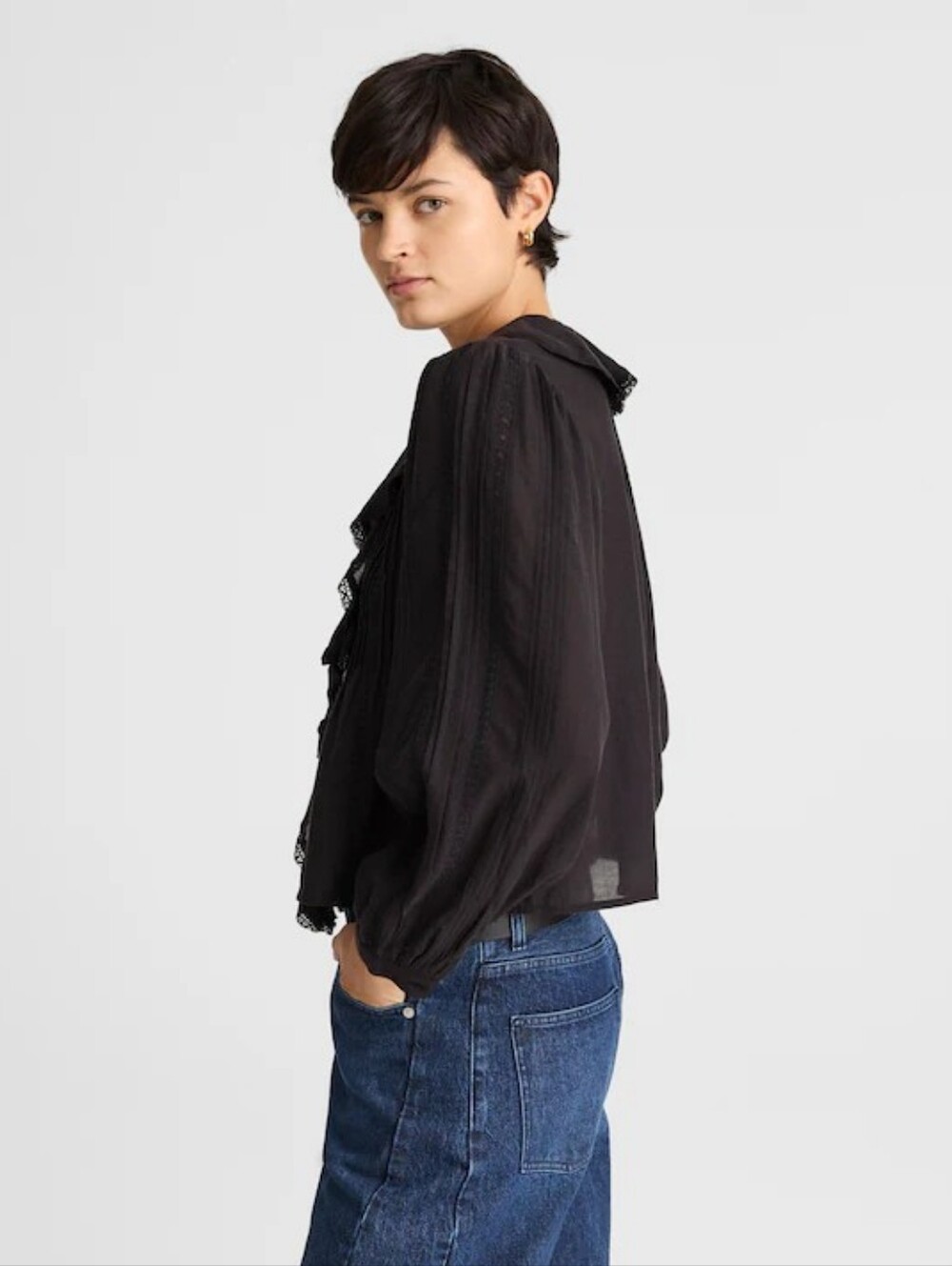 NWT Madewell Lace-Insert Ruffled Pintuck Long-Sleeve Top Size L - Picture 3 of 7